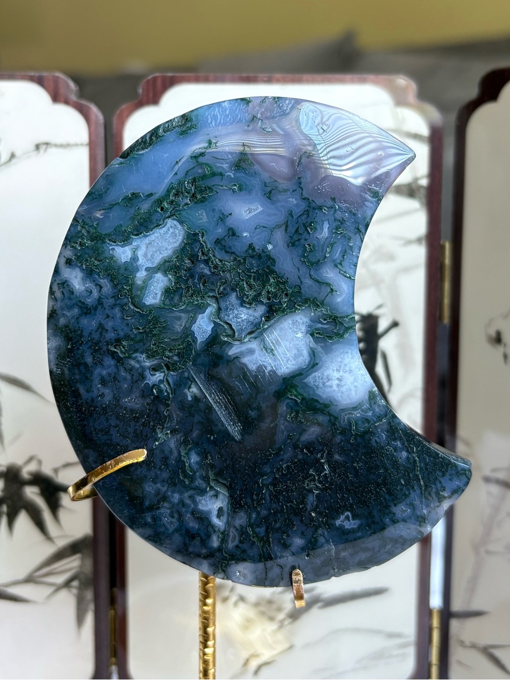 Moss agate crystal moon carving